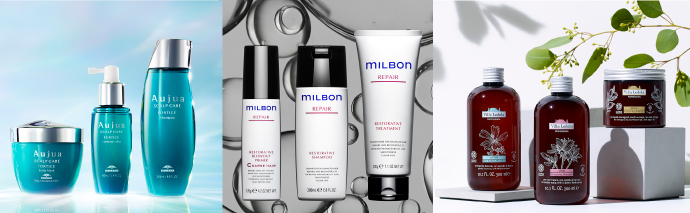 2020年6月1日より、店販ブランドの主力である「Aujua(オージュア)」「milbon(ミルボン)」「Villa Lodola(ヴィラロドラ)」の販売をスタート