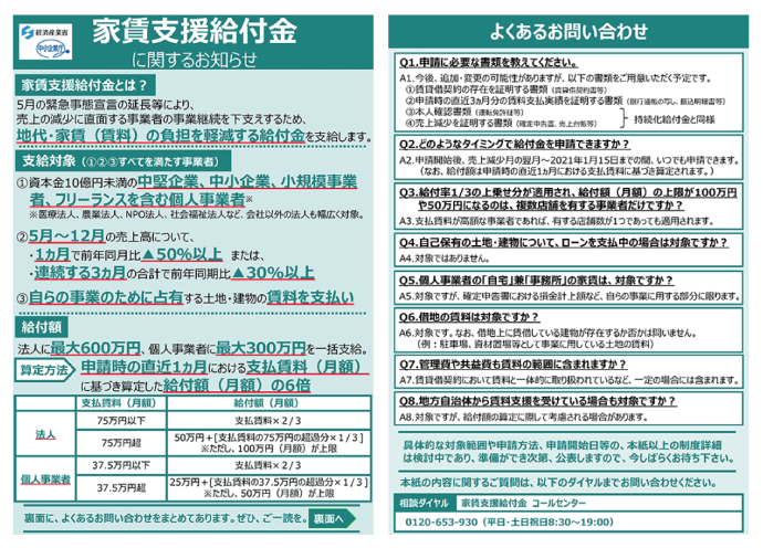 「家賃支援給付金」最大で法人600万円、個人事業主300万円　新型コロナで減収の中小企業・個人事業主を支援