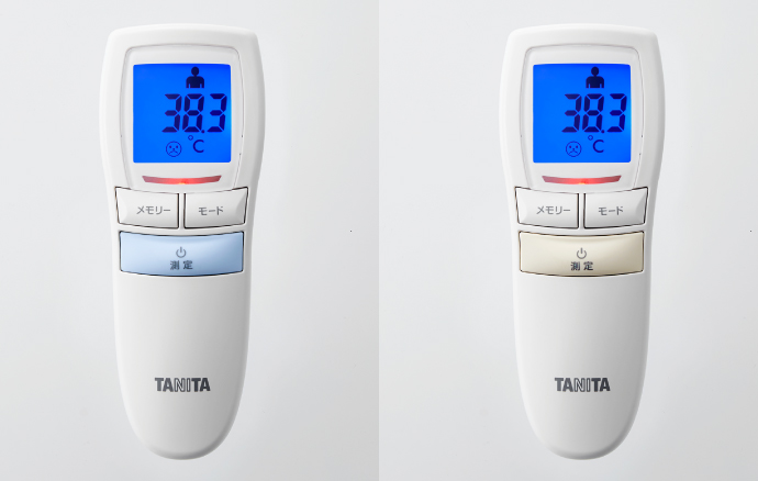 対象に触れることなく約1秒で計測できるTANITAの「非接触型体温計」(ブルー㊧とアイボリー)